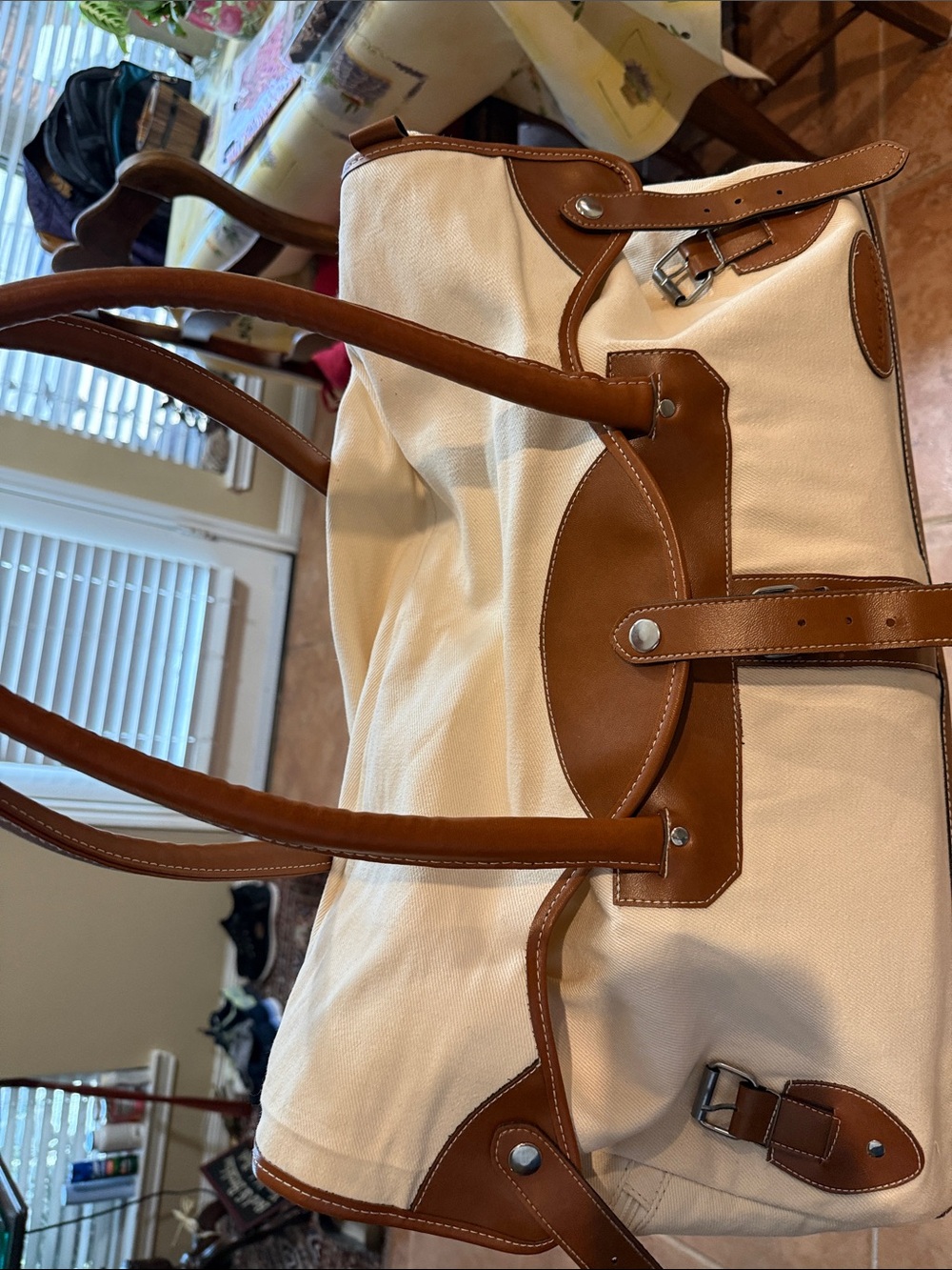 Canvas and Brown Leather Trim Weekender Bag - Picture 6 of 9